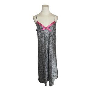 MORGAN TAYLOR Intimates Black White Pink Bow Slip‎ Dress Size L Sleep Gown VTG